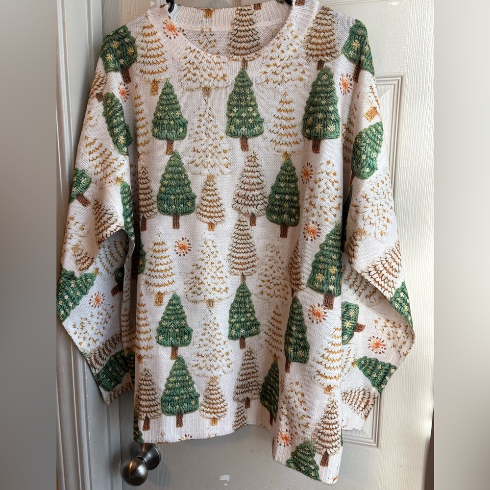 🔴NWOT SHEIN Curve Soft Knit Sweater - Tan and Green trees design - Picture 5 of 6